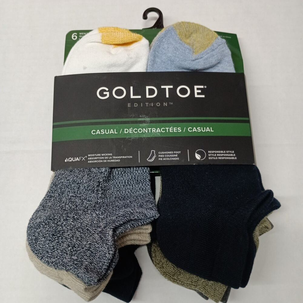 Men's Gold Toe Casual 6 Pair No Show Socks Shoe Size 6-12 Assorted Reforced Toe